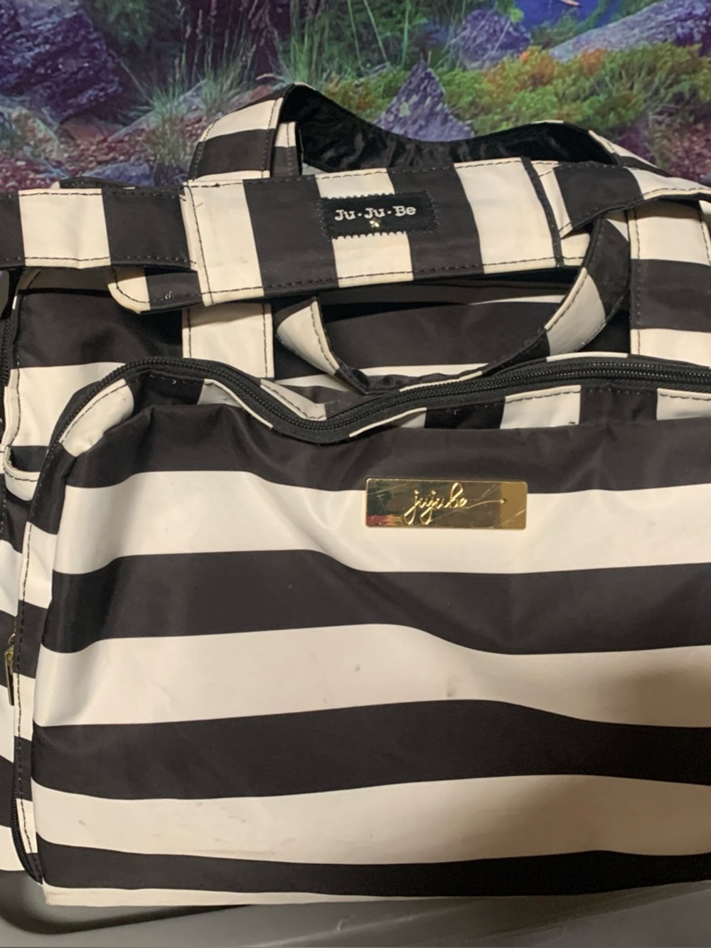 Ju-Ju-Be Black and White Striped Tote Bag with Gold Accent